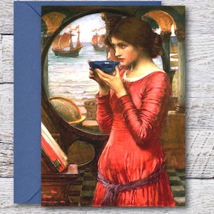Destiny by Waterhouse, druckbare Fine Art Karte eines berühmten Ölgemäldes, Blankokarte eines Meisterwerks, Vintage Kunstdruck einer Frau in Rot