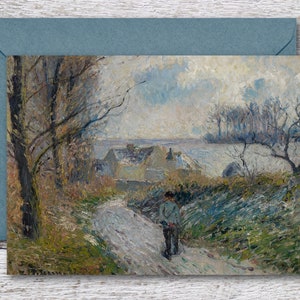 ピサロのクリスマスファーム、有名な油絵の印刷可能なファインアートカード、傑作絵画の空白カード、雪景色のヴィンテージアートプリント