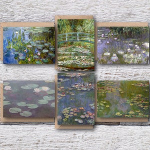 モネの睡蓮、モネ自身の水の庭の花を描いた有名なモネの絵画の6枚の印刷可能なグリーティングカード、カードは5インチx7インチのフレームに収まります