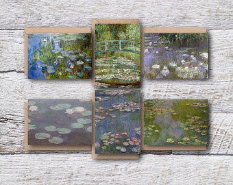 Water Lilies by Monet, 6 Printable Greeting Cards of Famous Monet Paintings of Flowers in Monet's own Water Garden, Cards fit in 5"x7" Frame