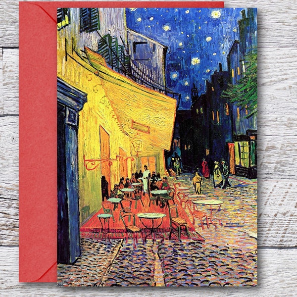 Café Terrace at Night by Van Gogh, Printable Blank Greeting Card of Famous Van Gogh Painting of Village on Starry Night, Fits in 5"x7" Frame