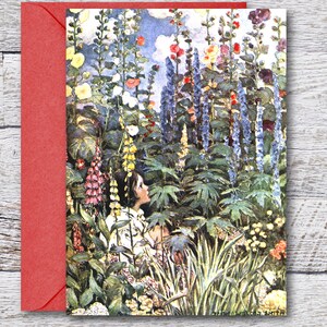 ジェシー・ウィルコックス・スミス作「In the Garden」、有名な水彩画の印刷可能なグリーティングカード、傑作絵画の空白カード、ビンテージアートプリント