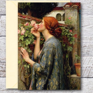 ウォーターハウスの「Soul of the Rose」、ウォーターハウスの有名な絵画「テニスンの詩」の印刷可能なグリーティングカード、5x7 フレームに収まるヴィンテージ アート プリント