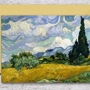 ゴッホ作「糸杉のある麦畑」、有名な油絵の印刷可能なグリーティング カード、傑作絵画の空白カード、ビンテージ アート プリント