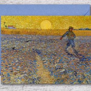Il seminatore di Van Gogh, biglietto d'auguri bianco stampabile del famoso dipinto di Van Gogh dell'audace alba sulla fattoria, arte vintage adatta a cornice da 5"x7"