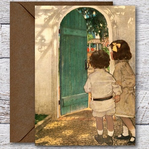 Groene deur van Jessie Willcox Smith, afdrukbare wenskaart van beroemde kunst van kinderen die in open deur gluren, Art Print past in 5 "x 7" frame