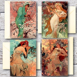 Die vier Jahreszeiten von Mucha, 4 druckbare Fine Art Karten berühmter Gemälde, Blankokarten von Meisterwerk Gemälden, Vintage Jugendstil Drucke