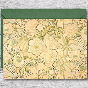 Peonies by Alphonse Mucha, Printable Greeting Card of Famous Mucha Painting of Flowers, Vintage Art Deco Design Print fits in 5&quot;x7&quot; Frame