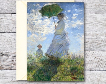 Frau mit Sonnenschirm von Monet, druckbare Grußkarte des berühmten Ölgemälde-Portraits, leere Karte des Meisterwerks-Malerei, Vintage Art Print