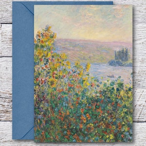 モネによるヴェトゥイユの花壇、モネの有名な色とりどりの花の絵画の印刷可能なグリーティング カード、5 x 7 インチのフレームにフィットするヴィンテージ アート プリント