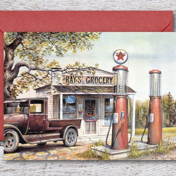 Ray's Grocery by Mark Weatherby, Printable Greeting Card of Gas Station Painting, Blank Card of Antique Gas Pump, Fits in 5"x7" Frame or Mat