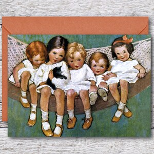 Enfants dans un hamac par Jessie Willcox Smith, carte de vœux imprimable du célèbre magazine Illustration de l'amitié, carte tient dans un cadre de 5 "x 7"