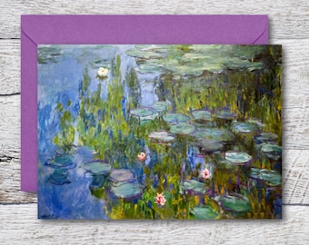 Water Lilies in Blue by Monet, Printable Blank Greeting Card of Impressionist Oil Painting of Flowers, Art Print fits 5"x7" Frame or Mat