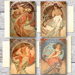 ミュシャの芸術、ダンス、絵画、詩、音楽の印刷可能な美術カード 4 枚、有名な絵画の空白カード、ビンテージ アール ヌーボー プリント