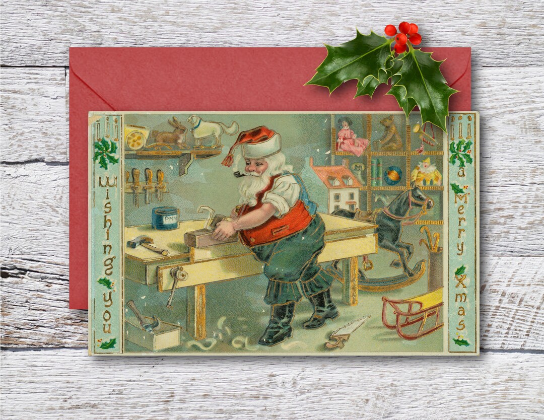 Santa's Workshop Printable Christmas Card of Santa Claus - Etsy