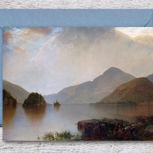 Lake George de Kensett, cartão de felicitações para impressão de famosa pintura a óleo, cartão em branco de impressão de arte vintage de lago, cabe em moldura ou tapete de 5 "x7"