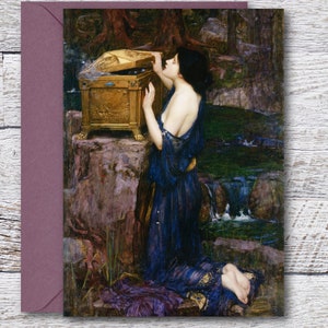 ウォーターハウスのパンドラ、有名な油絵の印刷可能なファインアートカード、傑作絵画の空白カード、ギリシャ神話のビンテージアートプリント