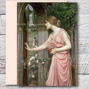 Psyché entre dans le jardin par Waterhouse, carte d’art imprimable de la célèbre peinture Waterhouse du mythe grec, impression d’art vintage pour cadre 5"x7 »