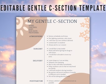 Modèle de canva de plan de naissance pour césarienne douce modifiable, personnalisez vos préférences de césarienne, conception neutre de genre Boho pour vos souhaits de naissance