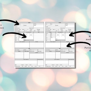 May include: A black and white printable medical chart for tracking patient information. The chart includes sections for delivery information, prenatal labs, patient medications, and patient vital signs.