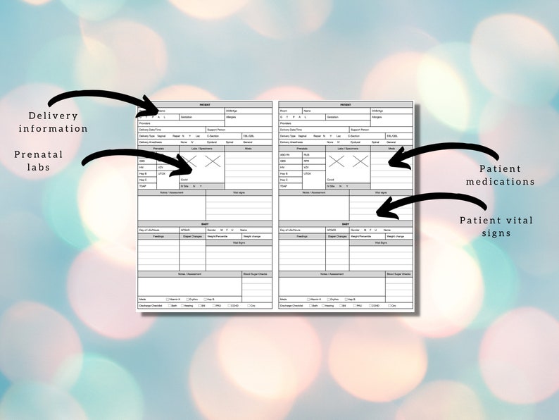 May include: A black and white printable medical chart for tracking patient information. The chart includes sections for delivery information, prenatal labs, patient medications, and patient vital signs.