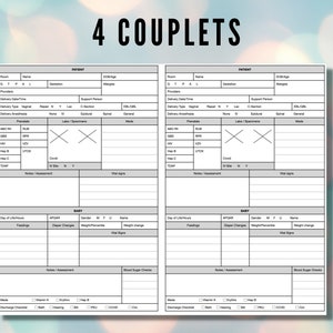 May include: A black and white printable chart with the title "4 COUPLETS" and headings for "Patient" and "Baby". The chart includes sections for recording information about the mother and baby, such as delivery details, vital signs, and medications.