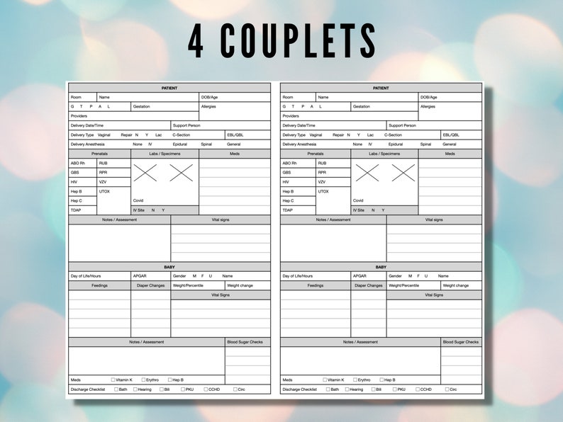 May include: A black and white printable chart with the title "4 COUPLETS" and headings for "Patient" and "Baby". The chart includes sections for recording information about the mother and baby, such as delivery details, vital signs, and medications.