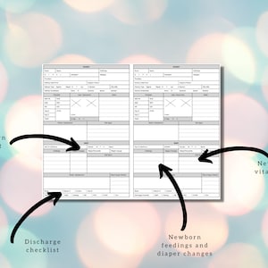May include: A printable newborn baby tracker with sections for weight, vital signs, feedings, diaper changes, and a discharge checklist. The tracker is designed to be used by parents or caregivers to track the baby's progress.