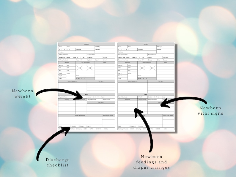 May include: A printable newborn baby tracker with sections for weight, vital signs, feedings, diaper changes, and a discharge checklist. The tracker is designed to be used by parents or caregivers to track the baby's progress.