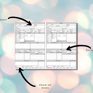 May include: A black and white printable medical chart with sections for patient information, vital signs, and daily assessments. The chart includes check boxes, fill-in-the-blank fields, and areas for circling information.