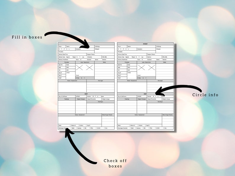 May include: A black and white printable medical chart with sections for patient information, vital signs, and daily assessments. The chart includes check boxes, fill-in-the-blank fields, and areas for circling information.