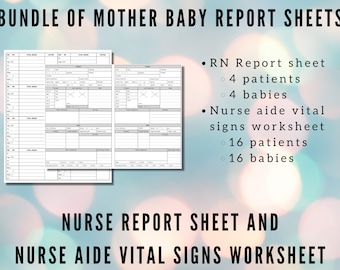Lot de feuilles de rapport mère-enfant, communication de l'infirmière sur le transfert cérébral, feuille de travail sur les signes vitaux aide-infirmière, modèles IA post-partum et CNA