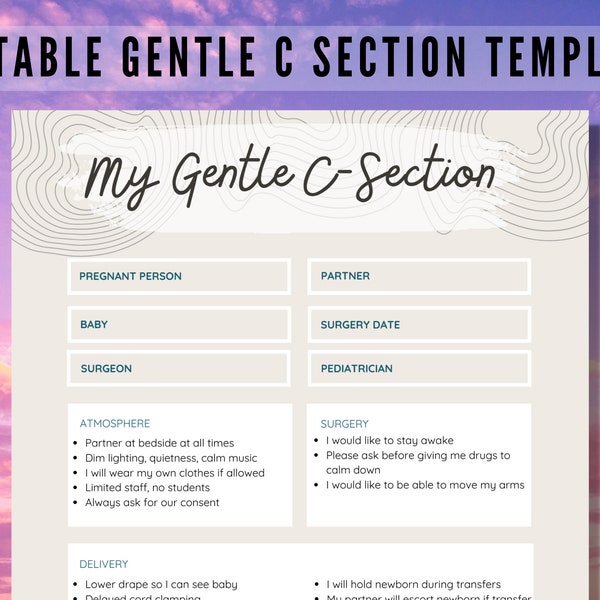 Editable Gentle C-Section Birth Plan Canva Template, Customize Your Cesarean Preferences