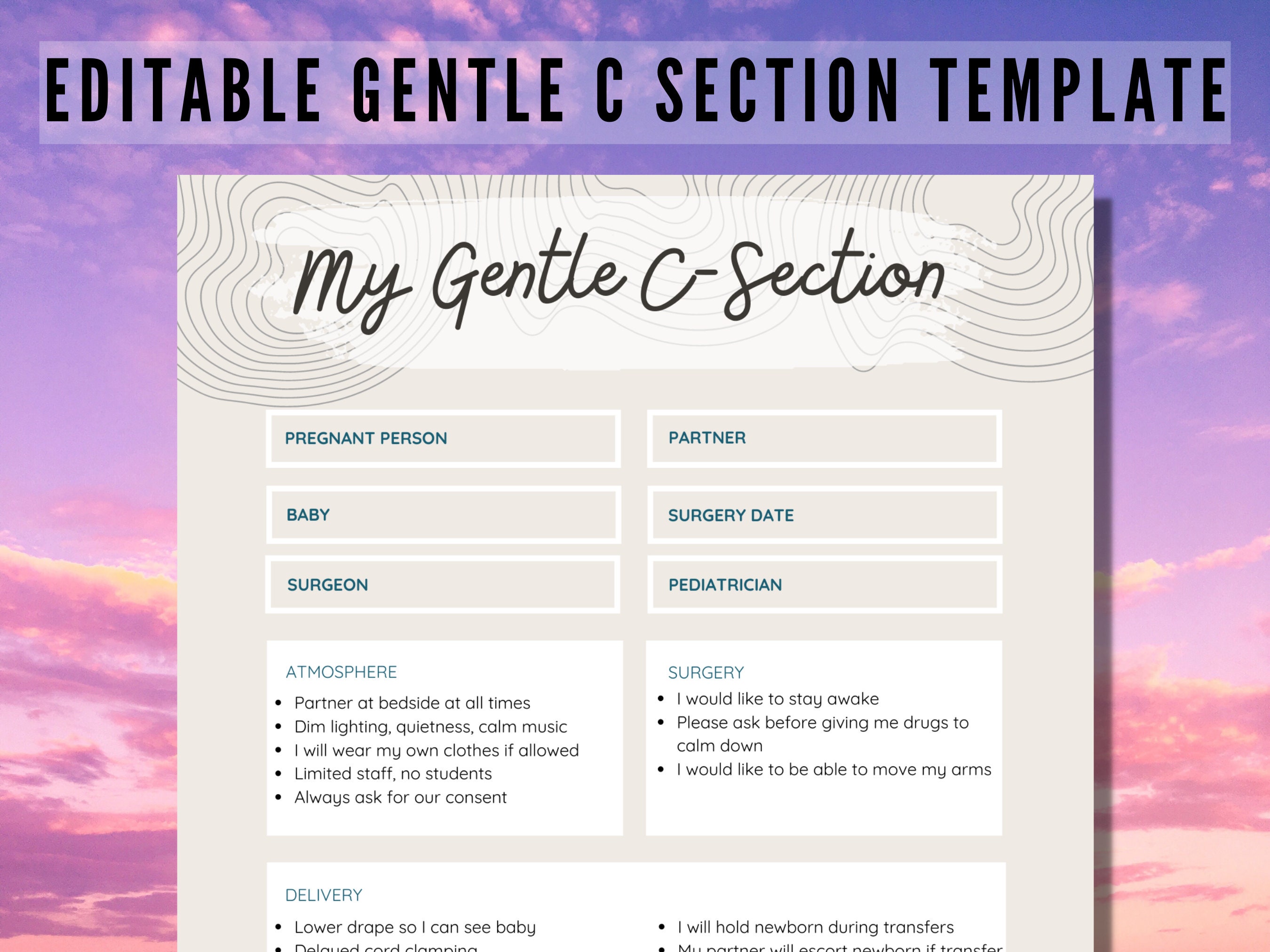 Editable Gentle C section Birth Plan Canva Template Customize Etsy UK