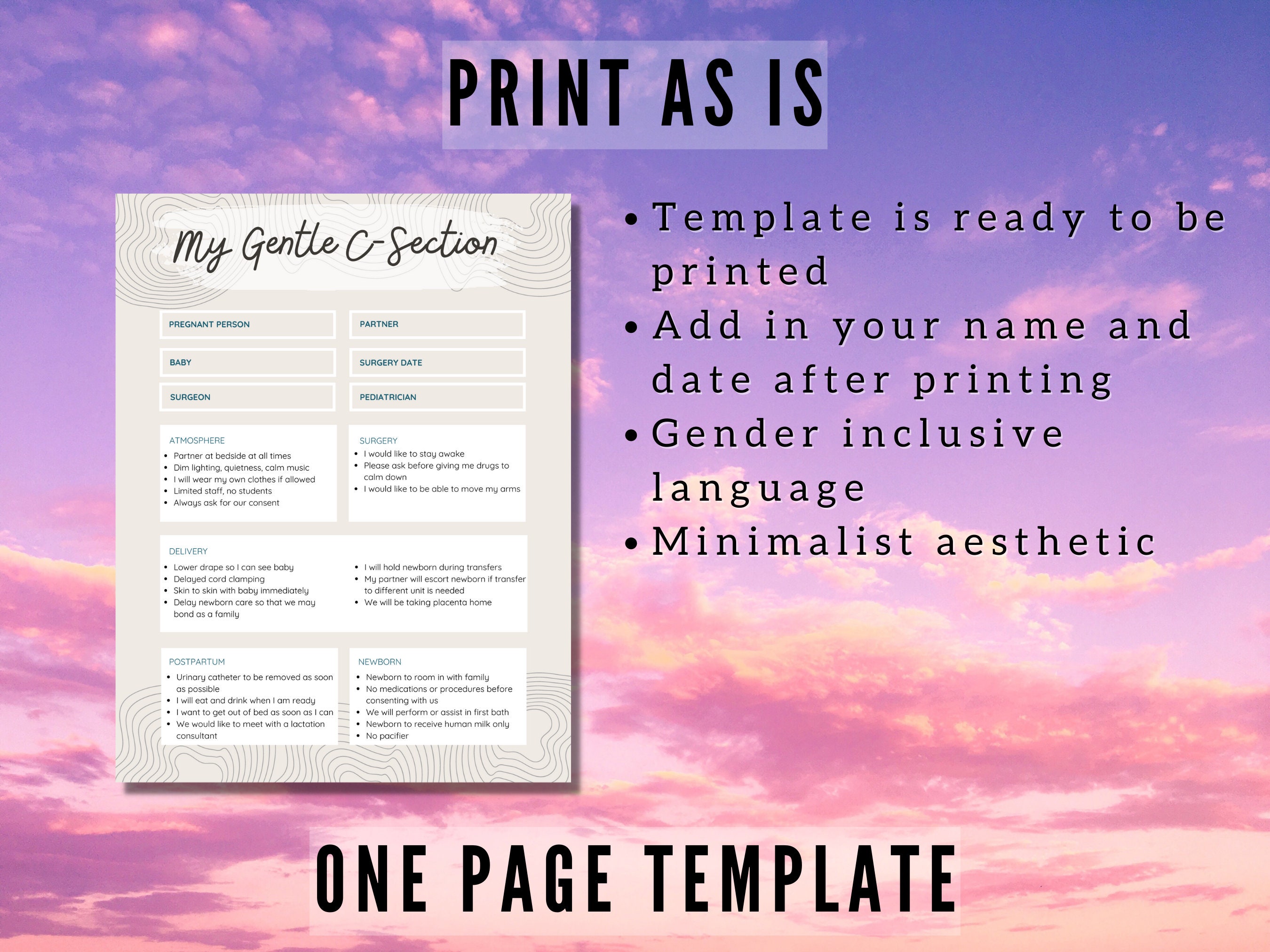Editable Gentle Csection Birth Plan Canva Template Customize Your