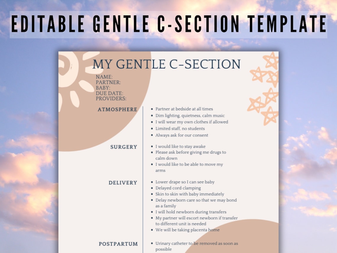 Editable Gentle C-section Birth Plan Canva Template, Customize Your ...
