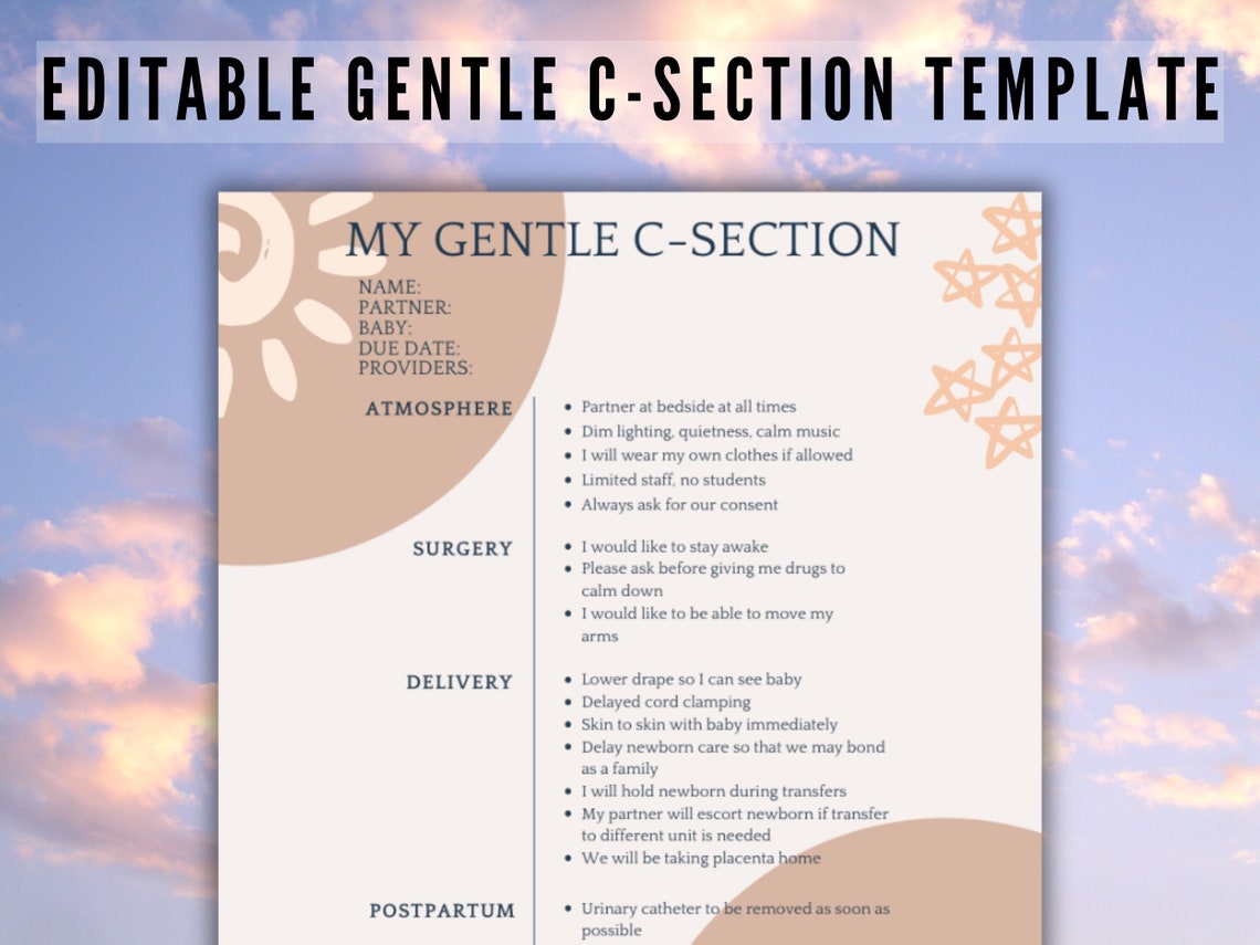 Editable Gentle C-section Birth Plan Canva Template, Customize Your ...