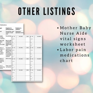 May include: A printable worksheet for a Mother Baby Nurse Aide, with a chart for tracking vital signs and a chart for labor pain medications. The text "OTHER LISTINGS" is at the top of the image.