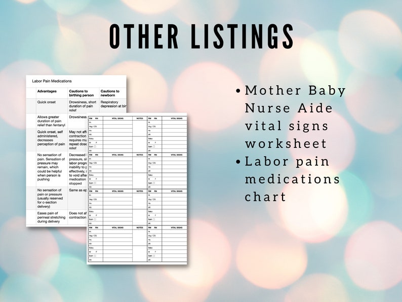 May include: A printable worksheet for a Mother Baby Nurse Aide, with a chart for tracking vital signs and a chart for labor pain medications. The text "OTHER LISTINGS" is at the top of the image.