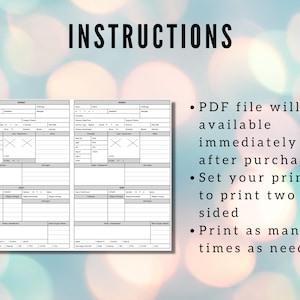 May include: Two printable pages of a baby log or tracker. The pages are divided into sections with headings such as "Vitals", "Feeding", "Diaper Changes", "Notes/Assessment", and "Blood Sugar Checks". The pages are designed to be printed two-sided.