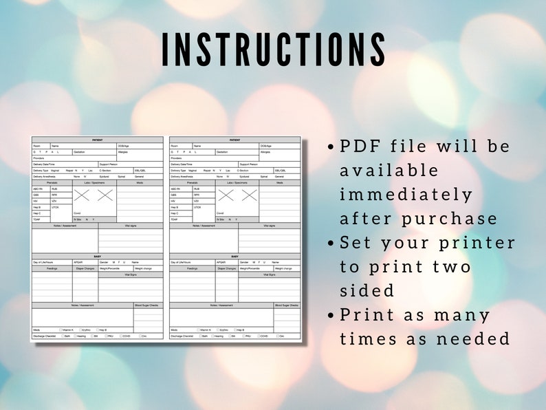May include: Two printable pages of a baby log or tracker. The pages are divided into sections with headings such as "Vitals", "Feeding", "Diaper Changes", "Notes/Assessment", and "Blood Sugar Checks". The pages are designed to be printed two-sided.