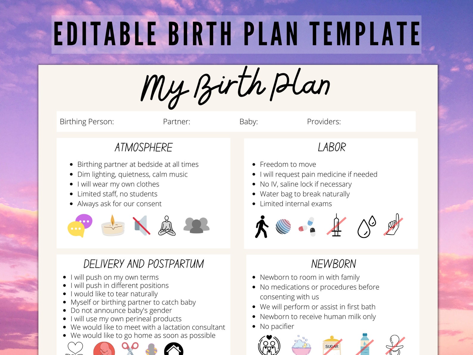 Editable Birth Plan Canva Template, Simple Icons Birth Wishes Editable Birth Plan Canva Template, Simple Icons Birth Wishes