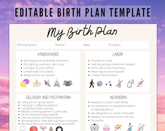 Modèle canva de plan de naissance modifiable, icônes simples, souhaits de naissance, plan de naissance inclus, préférences visuelles de naissance