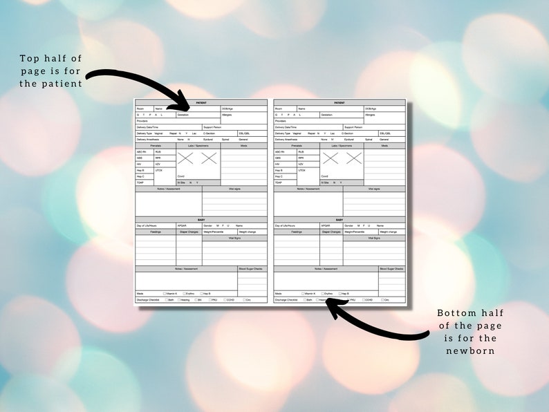 May include: A black and white printable chart for tracking patient and newborn information. The top half of the chart is for the patient and includes sections for delivery details, vital signs, and medication. The bottom half of the chart is for the newborn and includes sections for feeding, diaper changes, and weight.