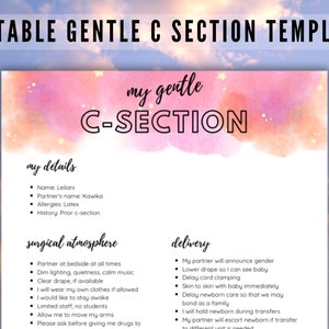 Bearbeitbare sanfte C-Section-Geburtsplan-Canva-Vorlage, passen Sie Ihre Kaiserschnittpräferenzen an, feminines Design