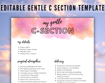 Modèle canva de plan de naissance modifiable pour césarienne douce, personnalisez vos préférences en matière de césarienne, design féminin