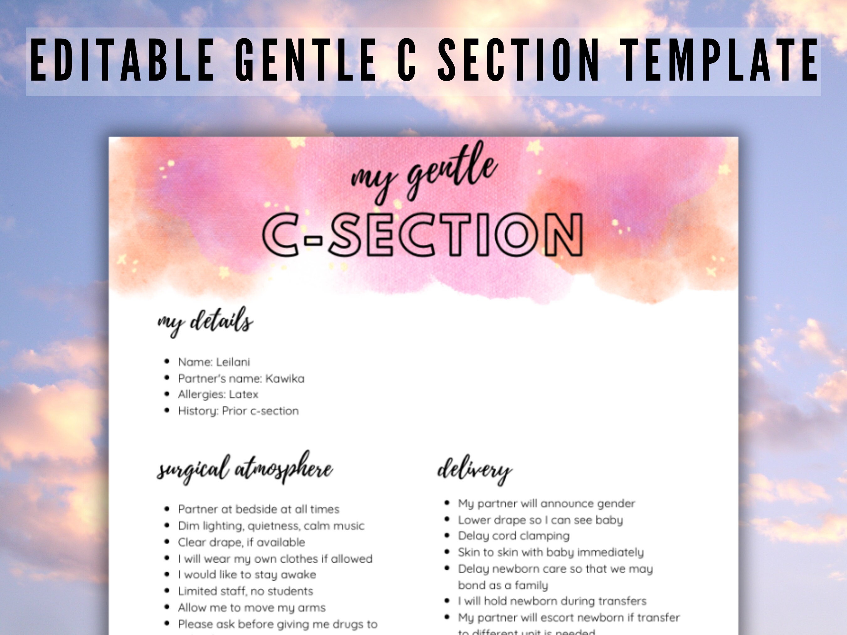 Editable Gentle C-section Birth Plan Canva Template Customize - Etsy