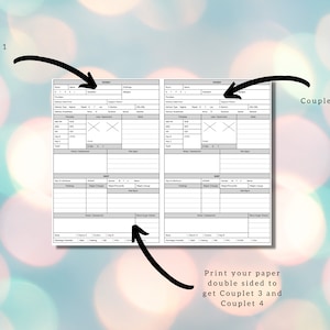 May include: A printable medical chart template with two pages. The chart is designed for tracking patient information, vital signs, and medication. The text "Couplet 1" and "Couplet 2" is visible on the top of each page. The text "Print your paper double sided to get Couplet 3 and Couplet 4" is visible at the bottom of the image.