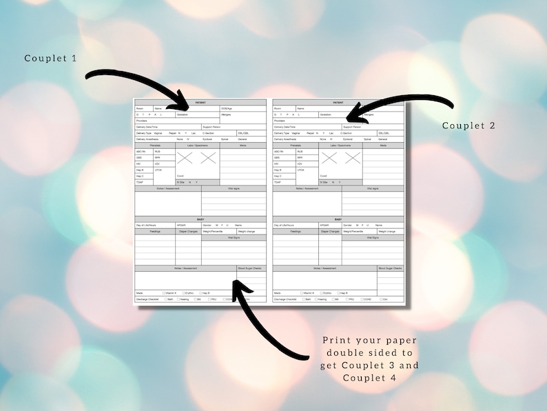May include: A printable medical chart template with two pages. The chart is designed for tracking patient information, vital signs, and medication. The text "Couplet 1" and "Couplet 2" is visible on the top of each page. The text "Print your paper double sided to get Couplet 3 and Couplet 4" is visible at the bottom of the image.
