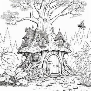 50 Adult Grayscale Coloring Pages - Fairy Houses Adult Printable Book - Book 2 - Digital Download not a Physical Product